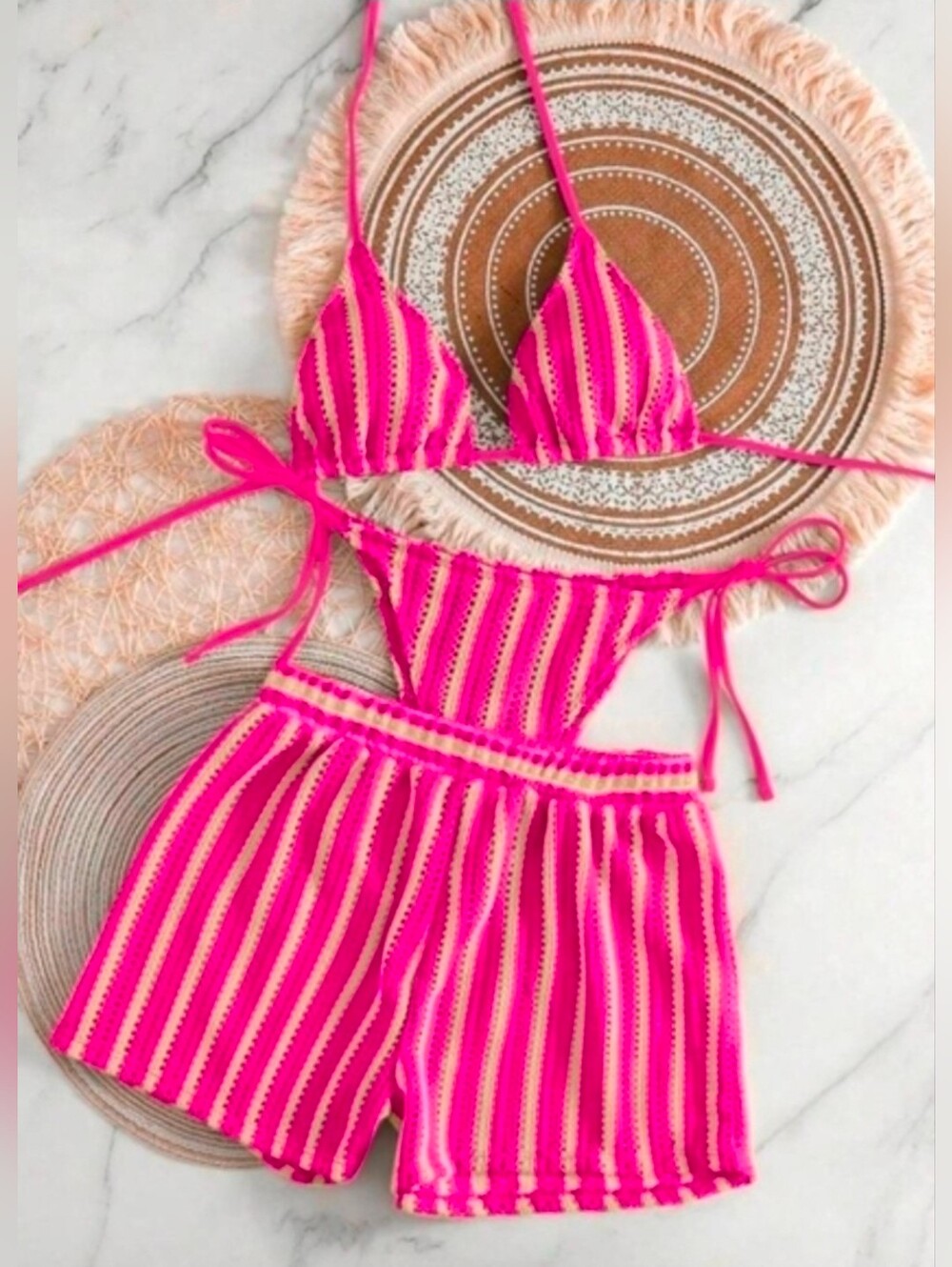 Pink Fish Net 3 Pc Bikini Shorts Swim Suit Bikini Cover Up Size L Large Stretch